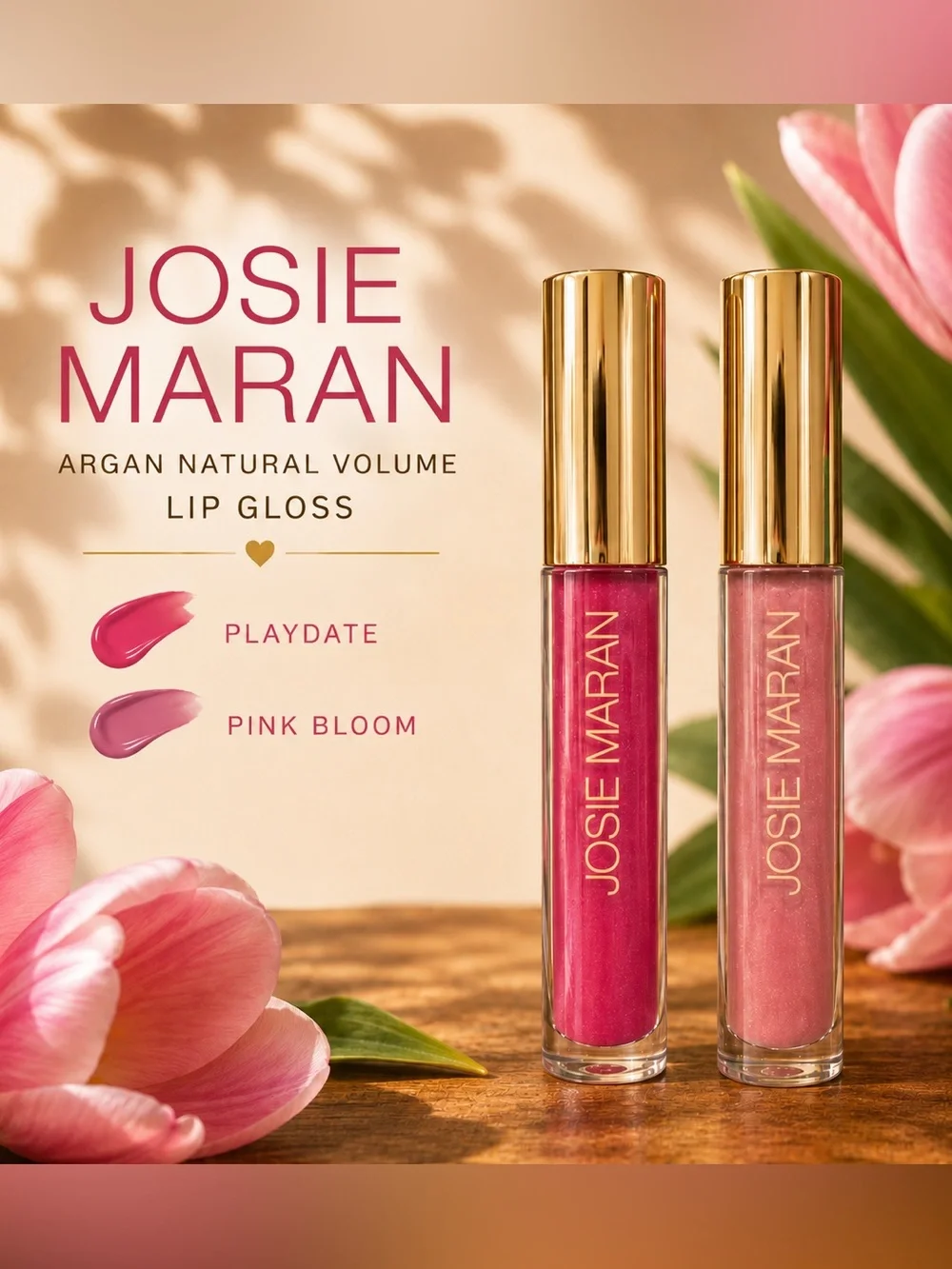 Josie Maran-Two Argan Natural Volume Lip Glosses, Playdate & Pink Bloom
